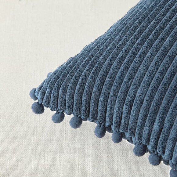 Navy Blue Corduroy Luxury Velvet Pompom Bed/Sofa Throw Pillow Cover/Case Set - Picture 3 of 8
